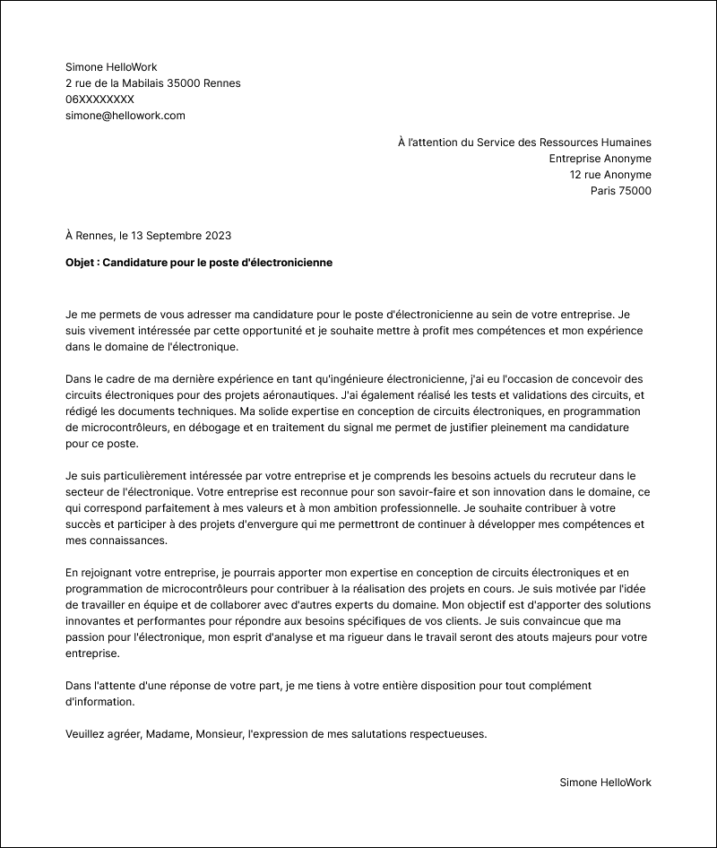 Modèle lettre de motivation Electronicien Exemple lettre de motivation Electronicien