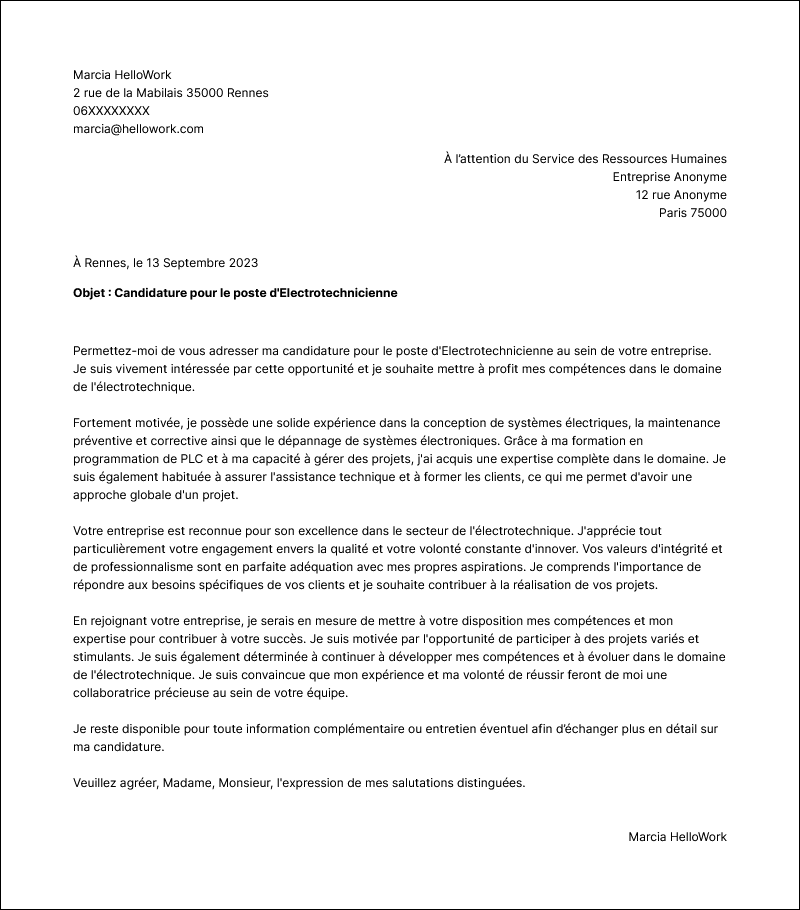 Modèle lettre de motivation Electrotechnicien Exemple lettre de motivation Electrotechnicien