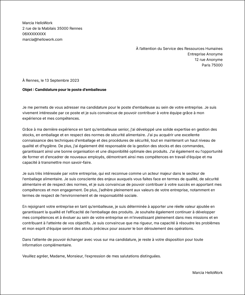 Modèle lettre de motivation Emballeur Exemple lettre de motivation Emballeur