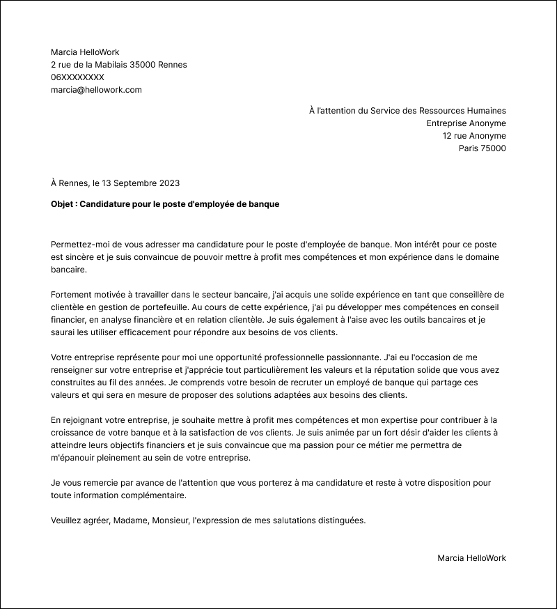 Modèle lettre de motivation Employé de banque Exemple lettre de motivation Employé de banque