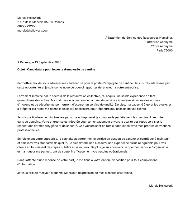 Modèle lettre de motivation Cantinier Exemple lettre de motivation Cantinier