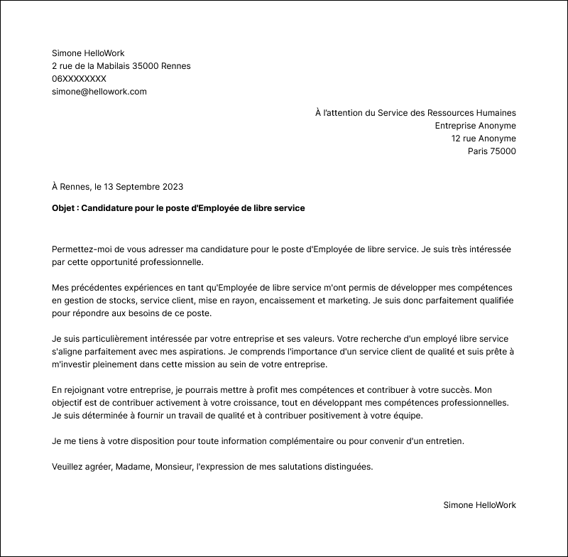 Modèle lettre de motivation Employé de libre-service Exemple lettre de motivation Employé de libre-service