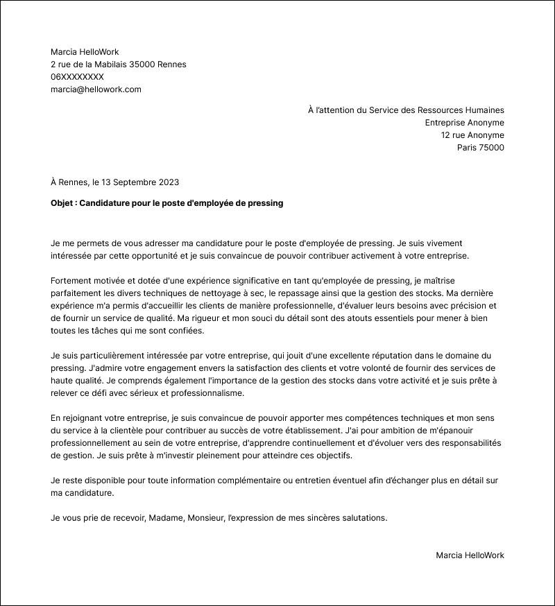 Modèle lettre de motivation Employé de pressing Exemple lettre de motivation Employé de pressing