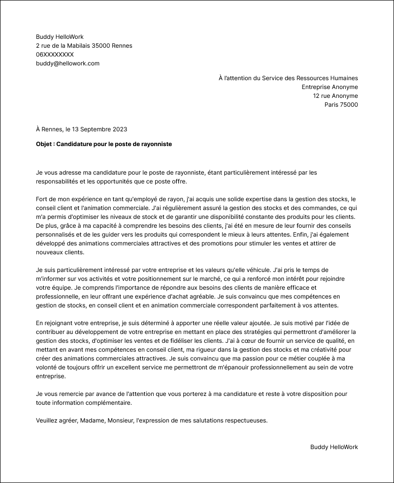 Modèle lettre de motivation Employé de rayon Exemple lettre de motivation Employé de rayon