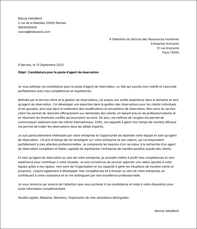 Modèle lettre de motivation Agent de réservation Exemple lettre de motivation Agent de réservation