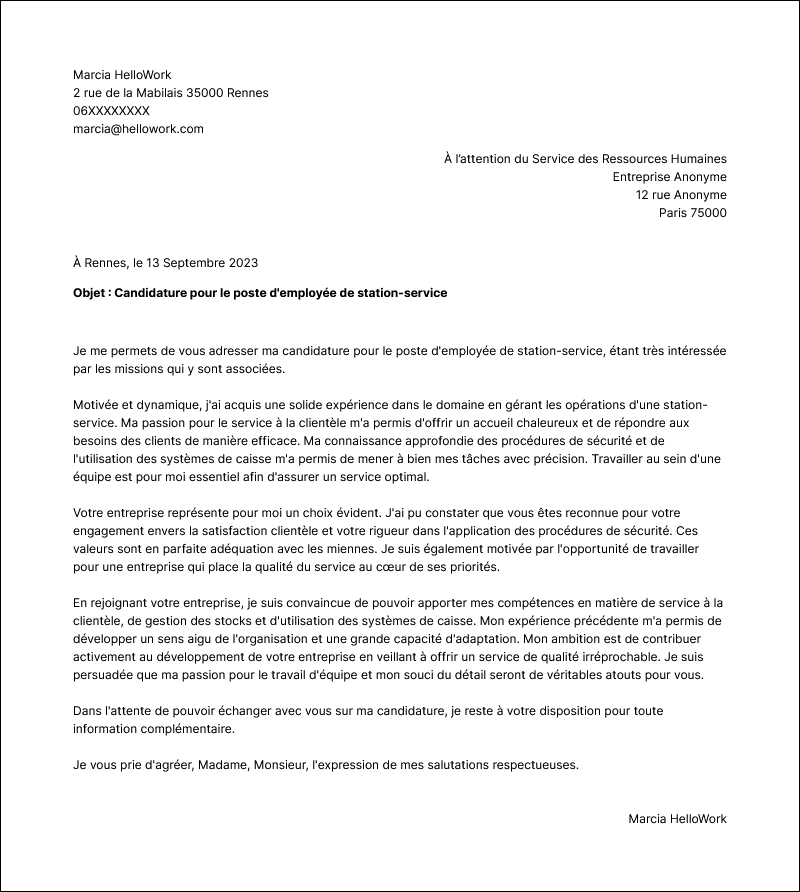 Modèle lettre de motivation Employé de station service Exemple lettre de motivation Employé de station service