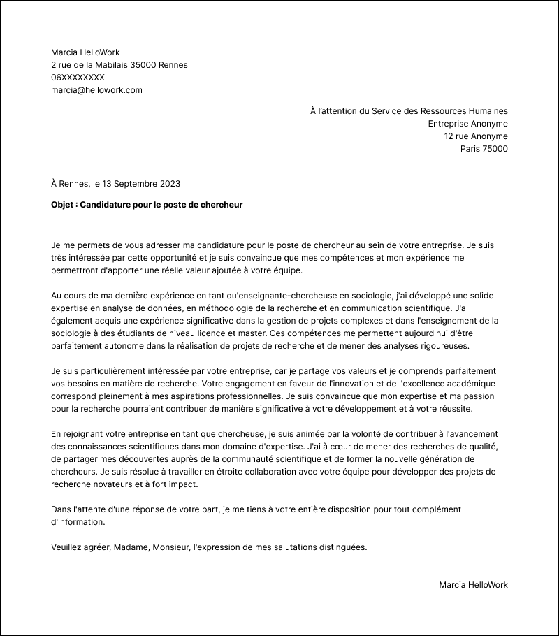 Modèle lettre de motivation Enseignant-chercheur Exemple lettre de motivation Enseignant-chercheur
