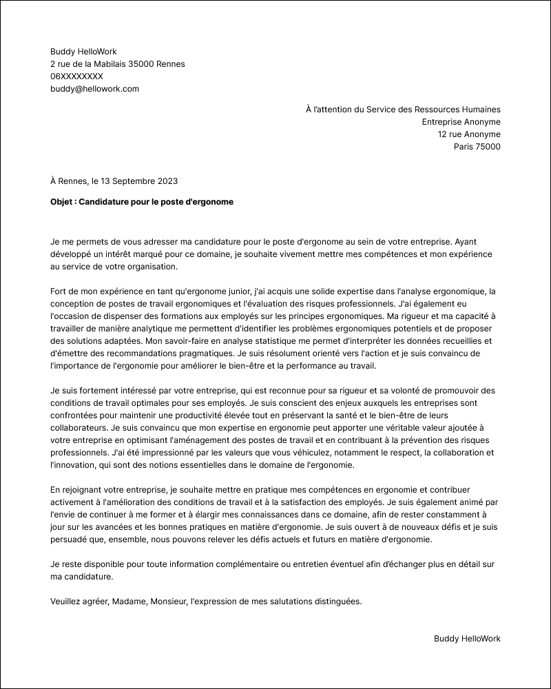 Modèle lettre de motivation Ergonome Exemple lettre de motivation Ergonome