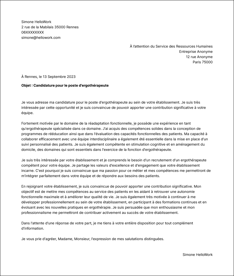 Modèle lettre de motivation Ergothérapeute Exemple lettre de motivation Ergothérapeute