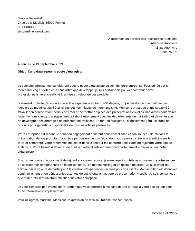 Modèle lettre de motivation Etalagiste Exemple lettre de motivation Etalagiste