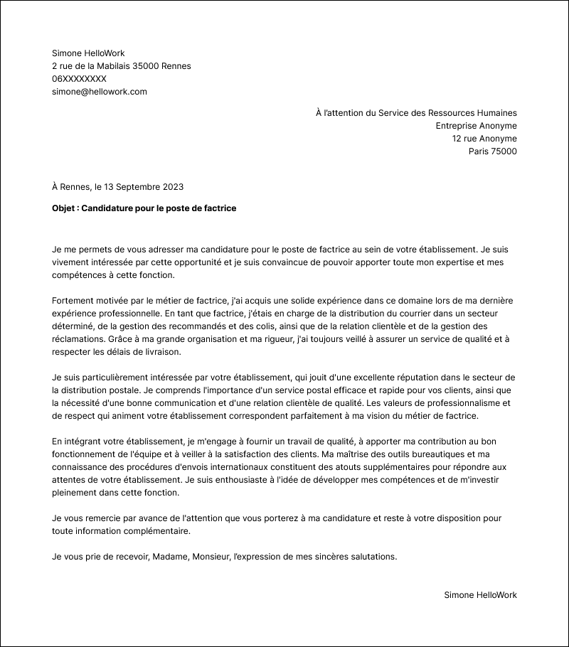 Modèle lettre de motivation Facteur Exemple lettre de motivation Facteur