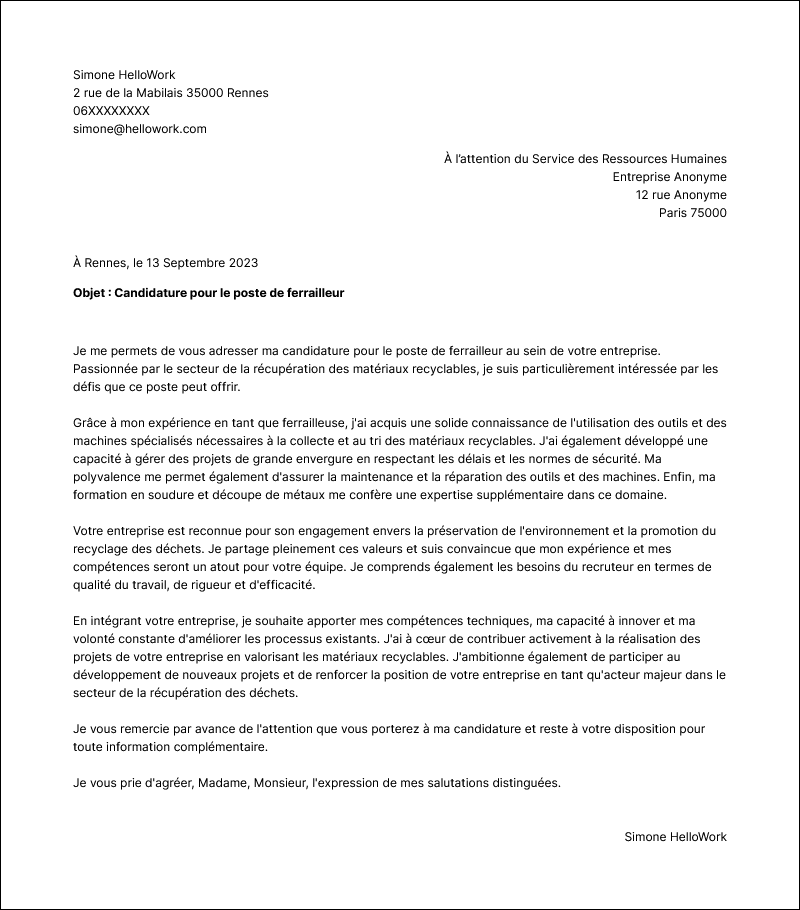 Modèle lettre de motivation Ferrailleur Exemple lettre de motivation Ferrailleur