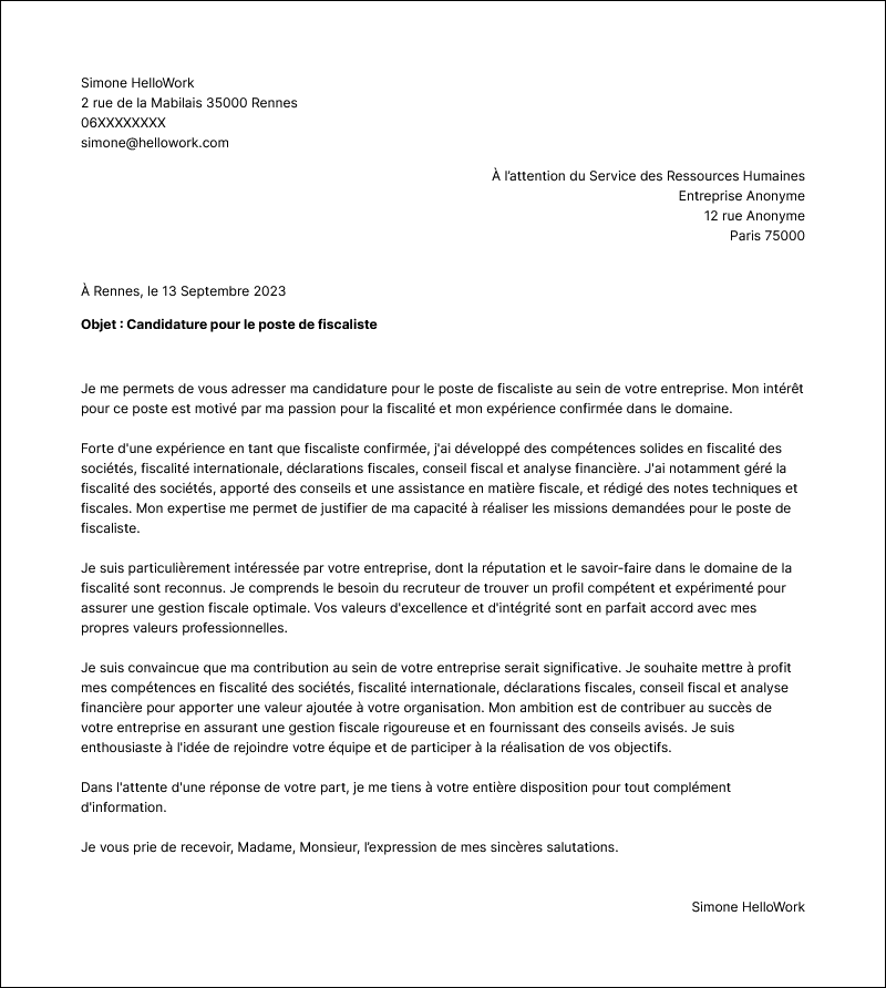 Modèle lettre de motivation Fiscaliste Exemple lettre de motivation Fiscaliste