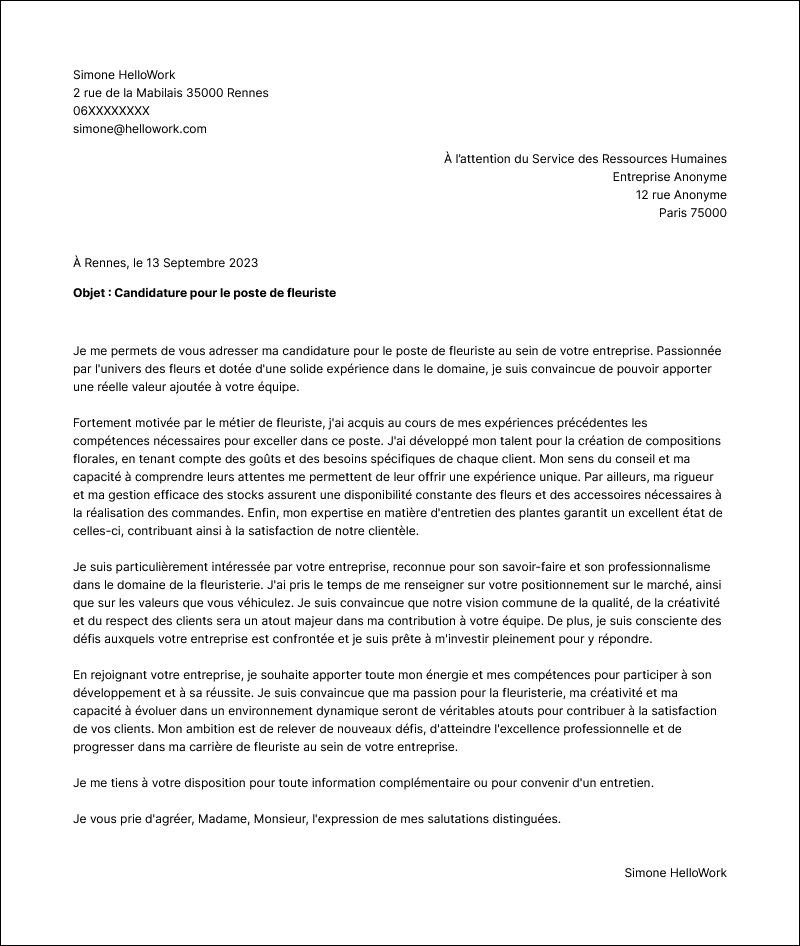 Modèle lettre de motivation Fleuriste Exemple lettre de motivation Fleuriste