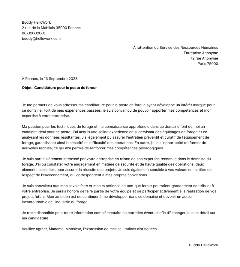 Modèle lettre de motivation Foreur Exemple lettre de motivation Foreur