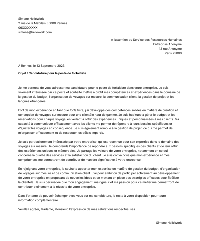 Modèle lettre de motivation Forfaitiste Exemple lettre de motivation Forfaitiste