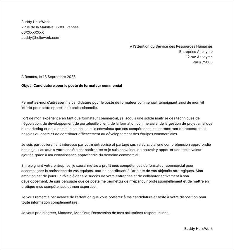 Modèle lettre de motivation Formateur commercial Exemple lettre de motivation Formateur commercial