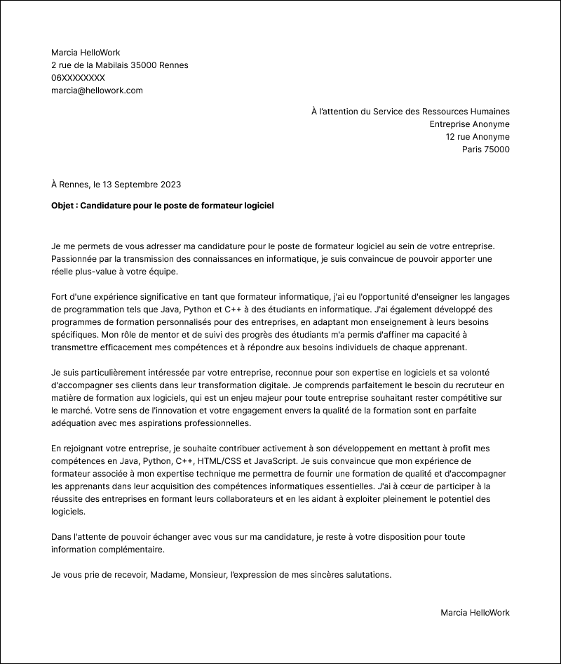 Modèle lettre de motivation Formateur informatique Exemple lettre de motivation Formateur informatique