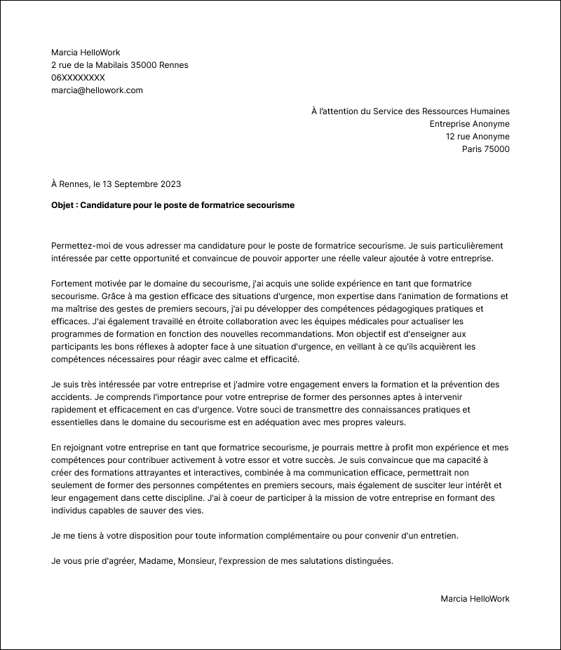 Modèle lettre de motivation Formateur secourisme Exemple lettre de motivation Formateur secourisme
