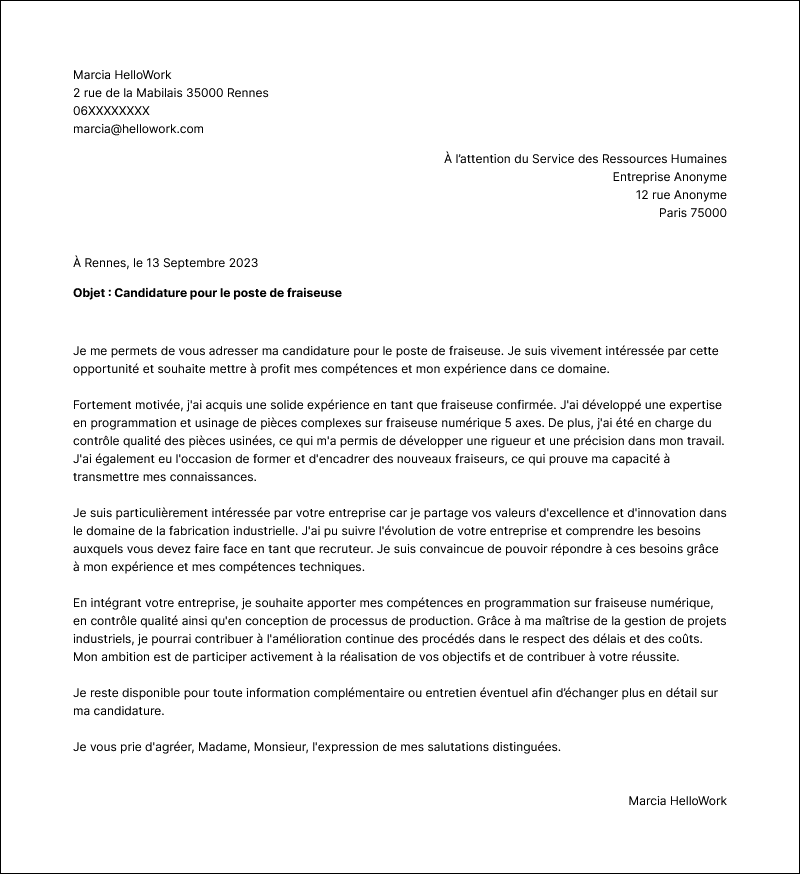 Modèle lettre de motivation Fraiseur Exemple lettre de motivation Fraiseur