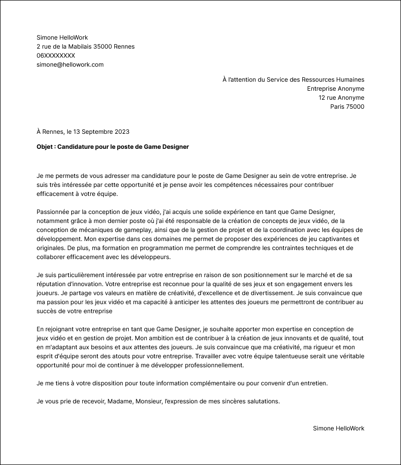 Modèle lettre de motivation Game designer Exemple lettre de motivation Game designer