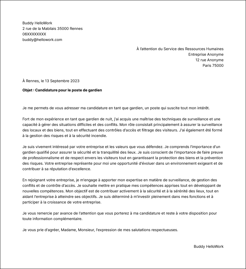 Modèle lettre de motivation Gardien Exemple lettre de motivation Gardien