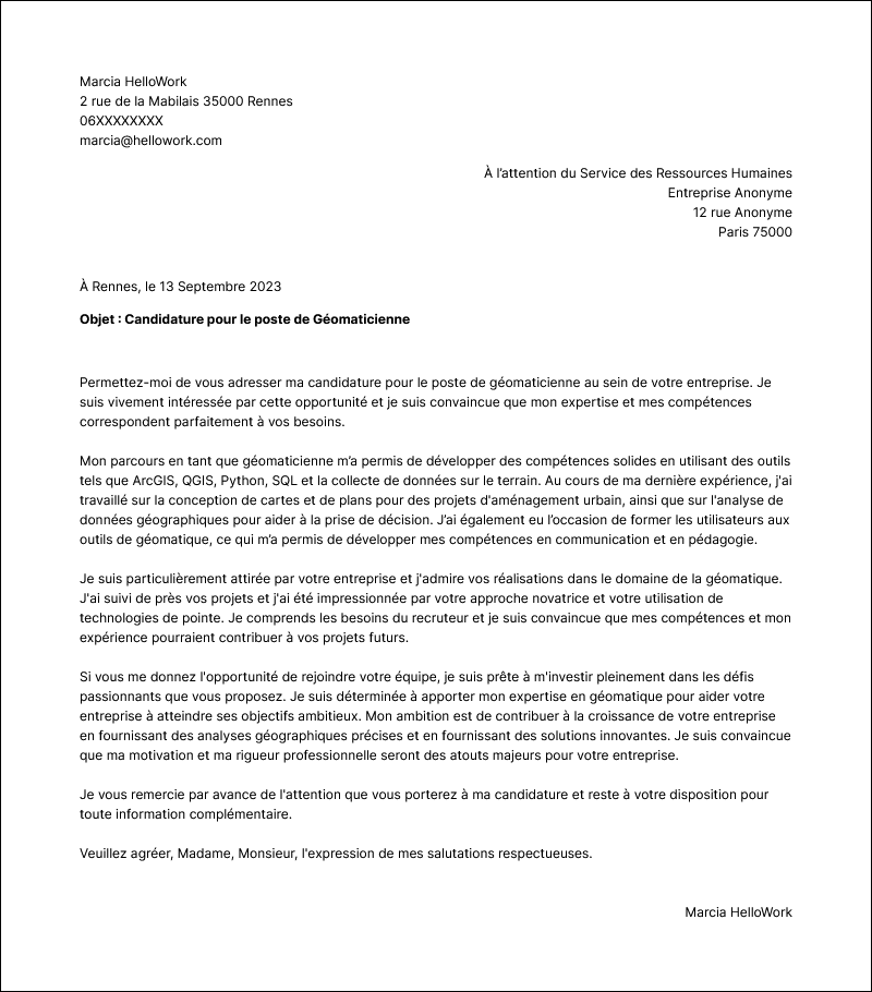 Modèle lettre de motivation Géomaticien Exemple lettre de motivation Géomaticien