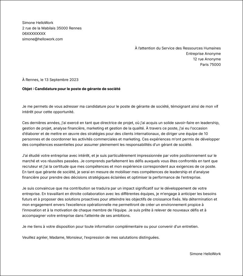 Modèle lettre de motivation Gérant de société Exemple lettre de motivation Gérant de société
