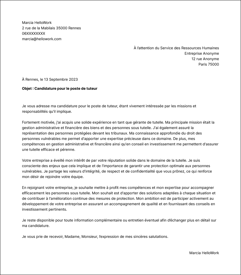 Modèle lettre de motivation Gérant de tutelle Exemple lettre de motivation Gérant de tutelle