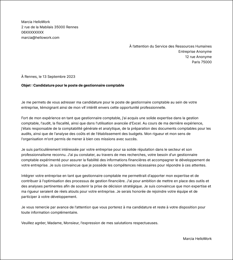 Modèle lettre de motivation Gestionnaire comptable Exemple lettre de motivation Gestionnaire comptable