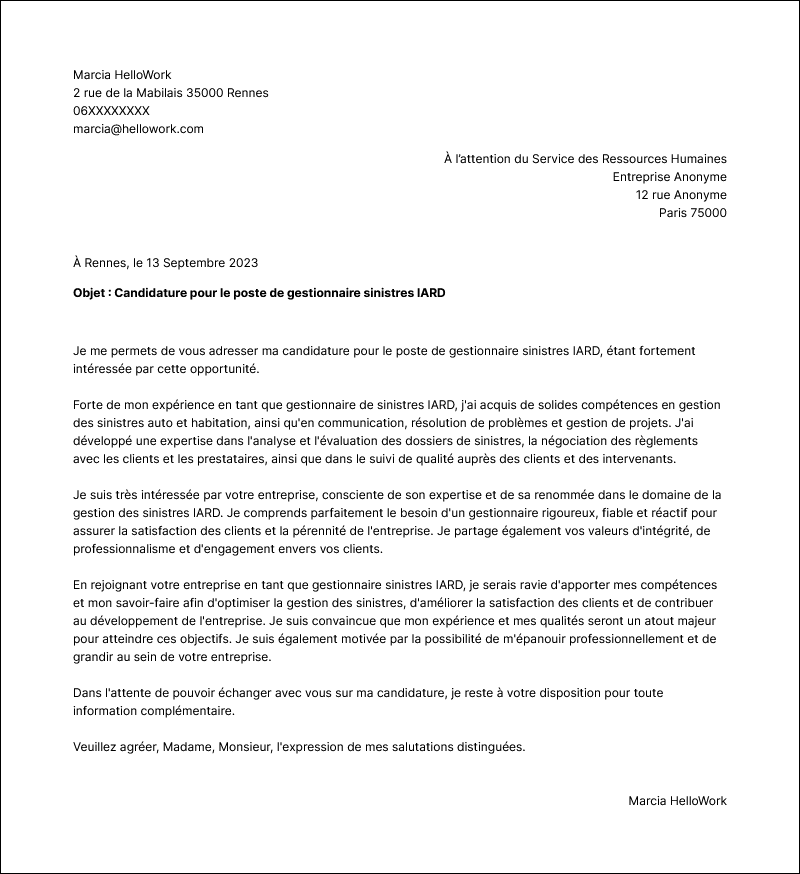 Modèle lettre de motivation Gestionnaire de sinistres IARD Exemple lettre de motivation Gestionnaire de sinistres IARD