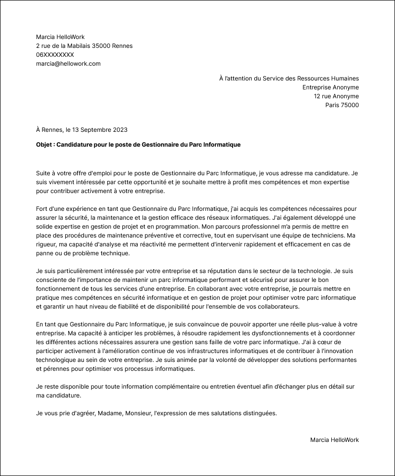 Modèle lettre de motivation Gestionnaire de parc informatique Exemple lettre de motivation Gestionnaire de parc informatique