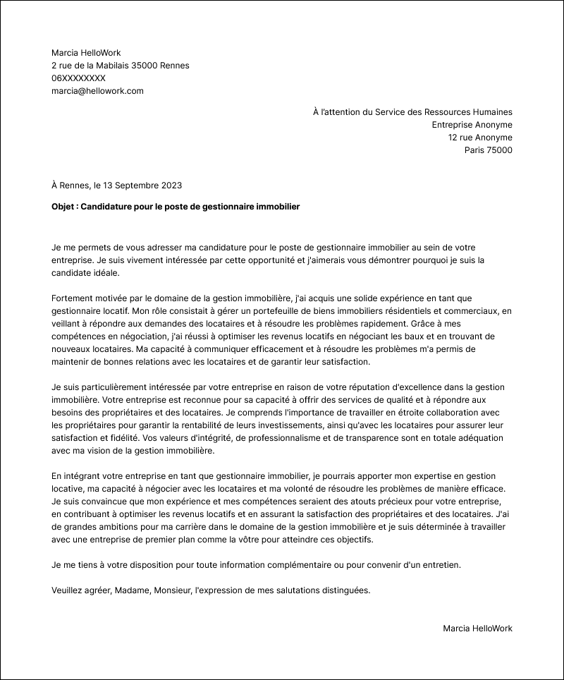 Modèle lettre de motivation Gestionnaire d'immobilier Exemple lettre de motivation Gestionnaire d'immobilier