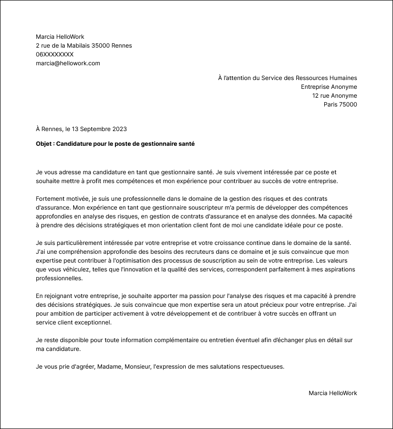 Modèle lettre de motivation Gestionnaire santé Exemple lettre de motivation Gestionnaire santé