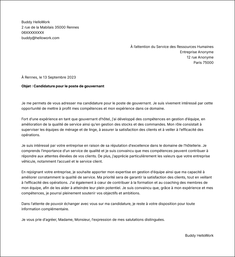 Modèle lettre de motivation Gouvernant d'hôtel Exemple lettre de motivation Gouvernant d'hôtel