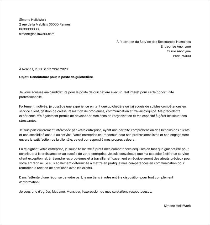 Modèle lettre de motivation Guichetier Exemple lettre de motivation Guichetier