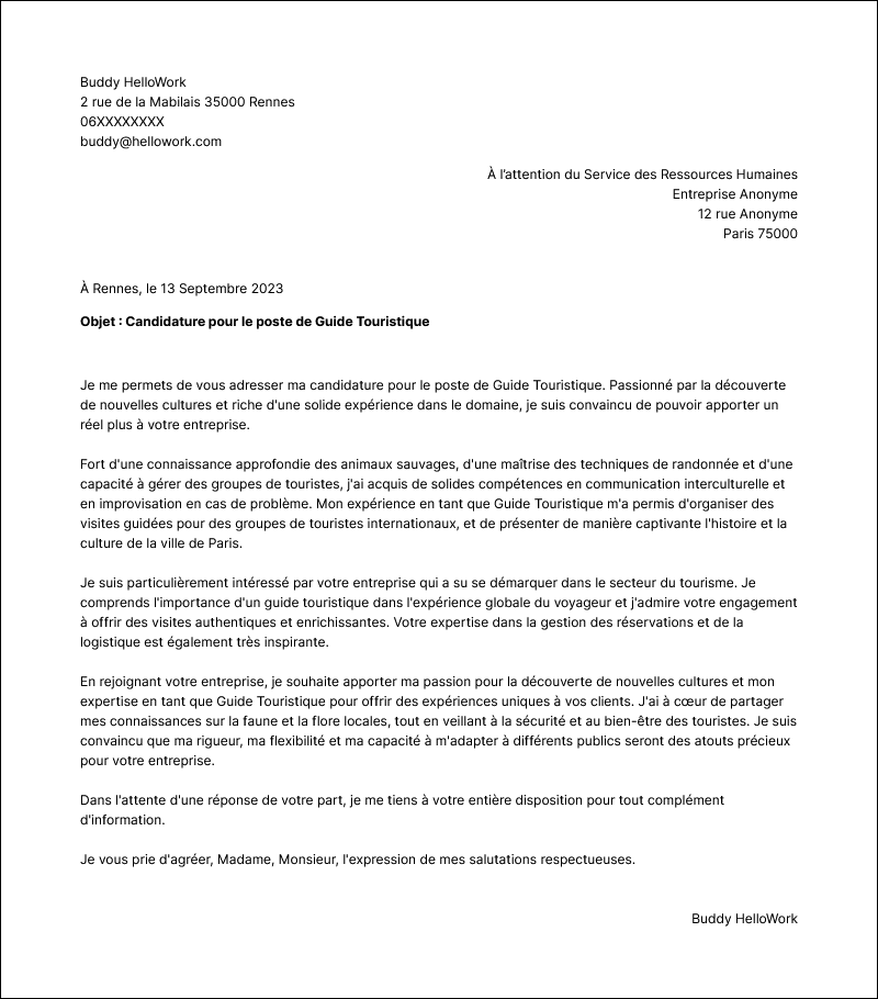 Modèle lettre de motivation Guide touristique Exemple lettre de motivation Guide touristique