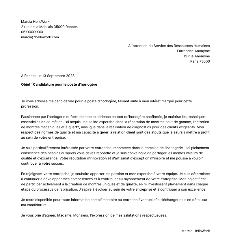 Modèle lettre de motivation Horloger Exemple lettre de motivation Horloger
