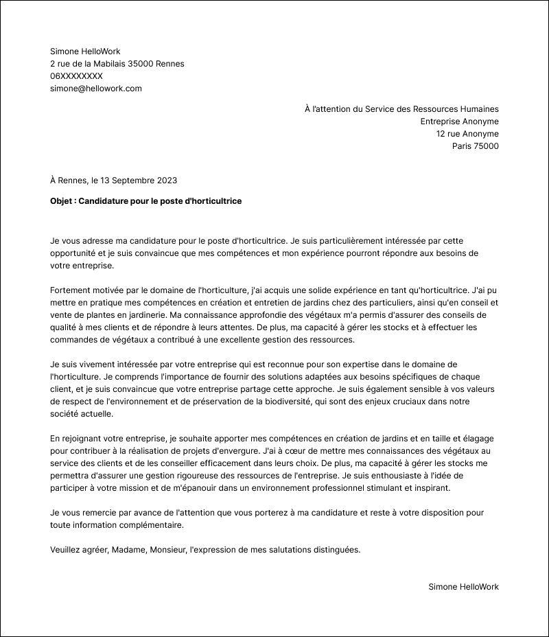 Modèle lettre de motivation Horticulteur Exemple lettre de motivation Horticulteur