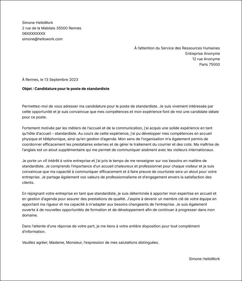 Modèle lettre de motivation Standardiste Exemple lettre de motivation Standardiste