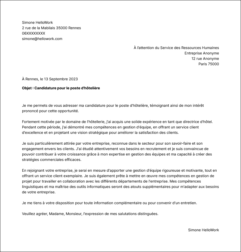 Modèle lettre de motivation Hôtelier Exemple lettre de motivation Hôtelier