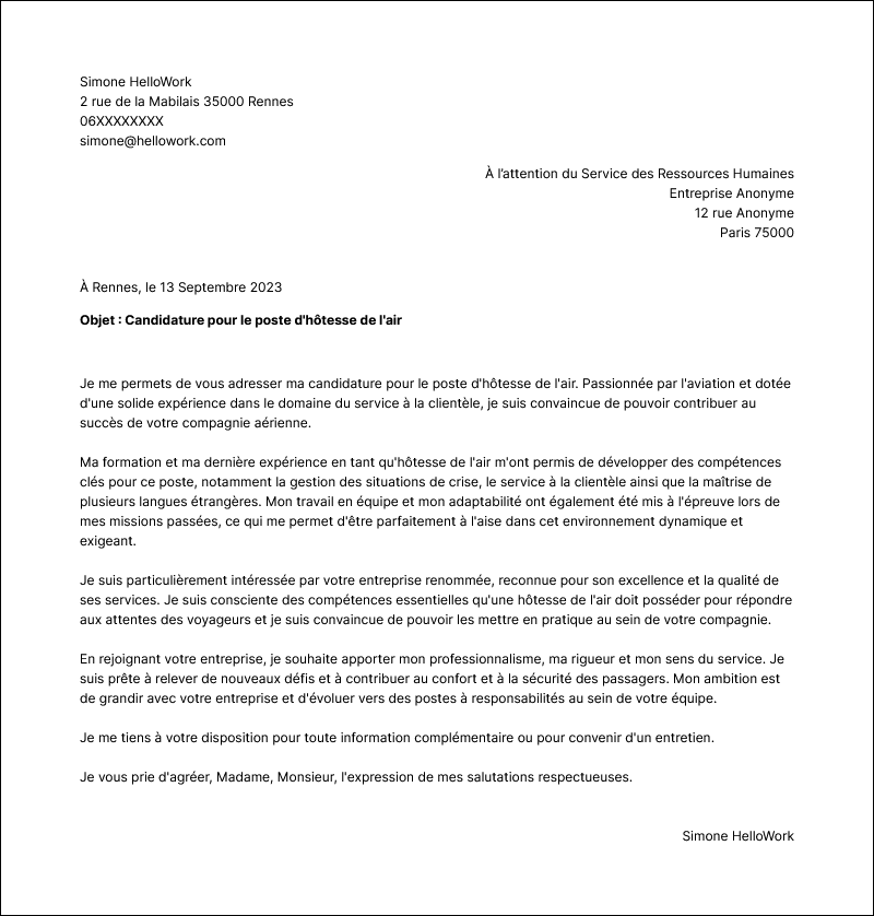 Modèle lettre de motivation Hôtesse de l'air Exemple lettre de motivation Hôtesse de l'air