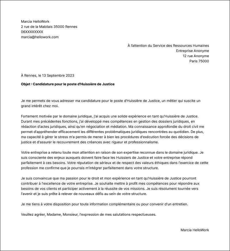 Modèle lettre de motivation Huissier de justice Exemple lettre de motivation Huissier de justice
