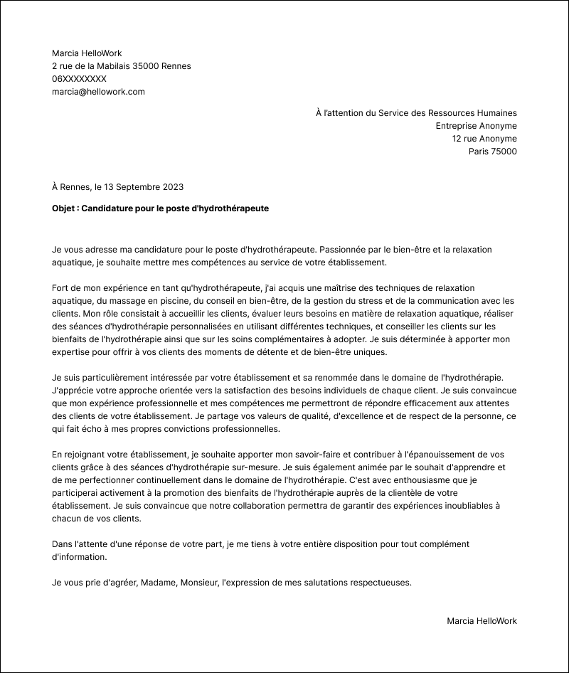 Modèle lettre de motivation Hydrothérapeute Exemple lettre de motivation Hydrothérapeute