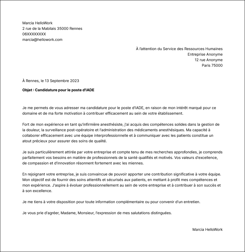 Modèle lettre de motivation IADE Exemple lettre de motivation IADE