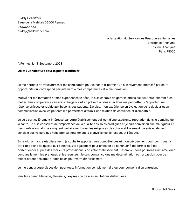Modèle lettre de motivation Infirmier Exemple lettre de motivation Infirmier