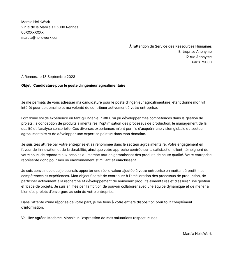 Modèle lettre de motivation Ingénieur agroalimentaire Exemple lettre de motivation Ingénieur agroalimentaire
