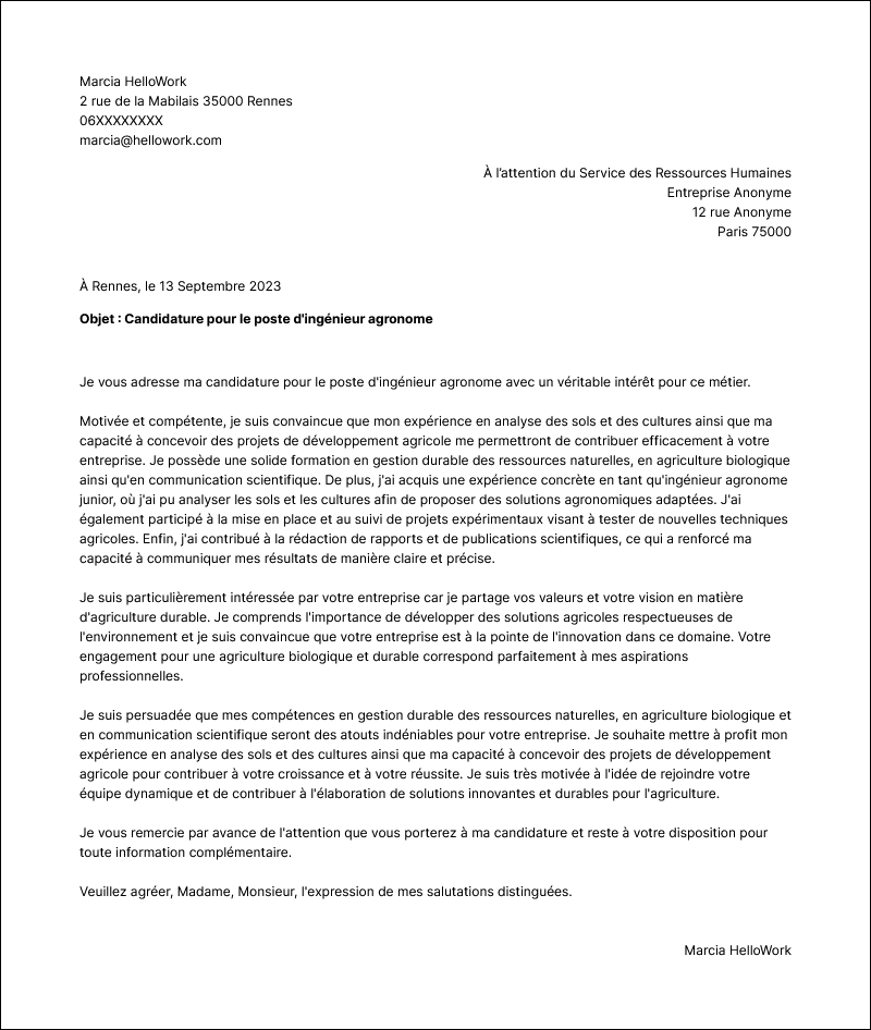 Modèle lettre de motivation Ingénieur agronome Exemple lettre de motivation Ingénieur agronome