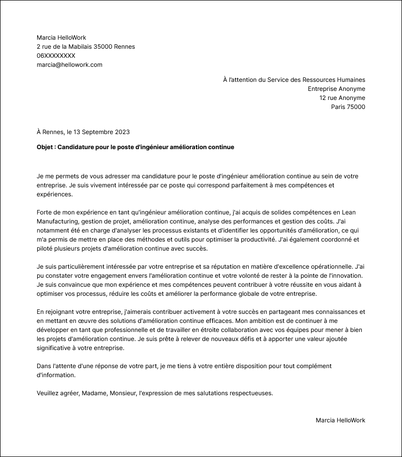Modèle lettre de motivation Ingénieur amélioration continue Exemple lettre de motivation Ingénieur amélioration continue