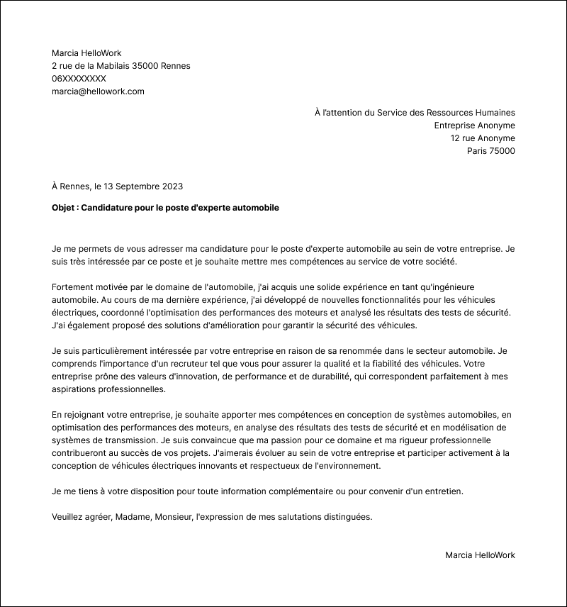 Modèle lettre de motivation Ingénieur automobile Exemple lettre de motivation Ingénieur automobile